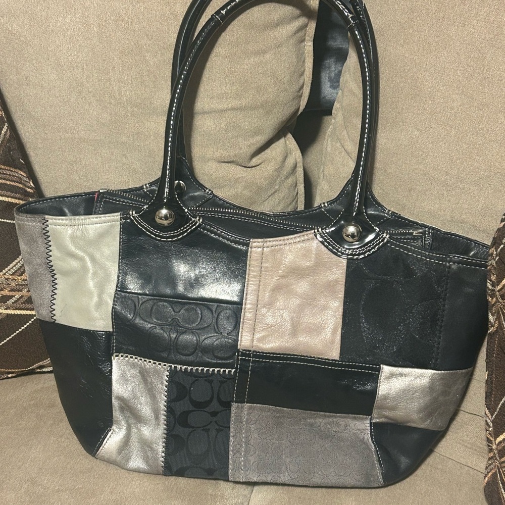 Coach F14045 Patchwork Black and Gray Tote Bag
